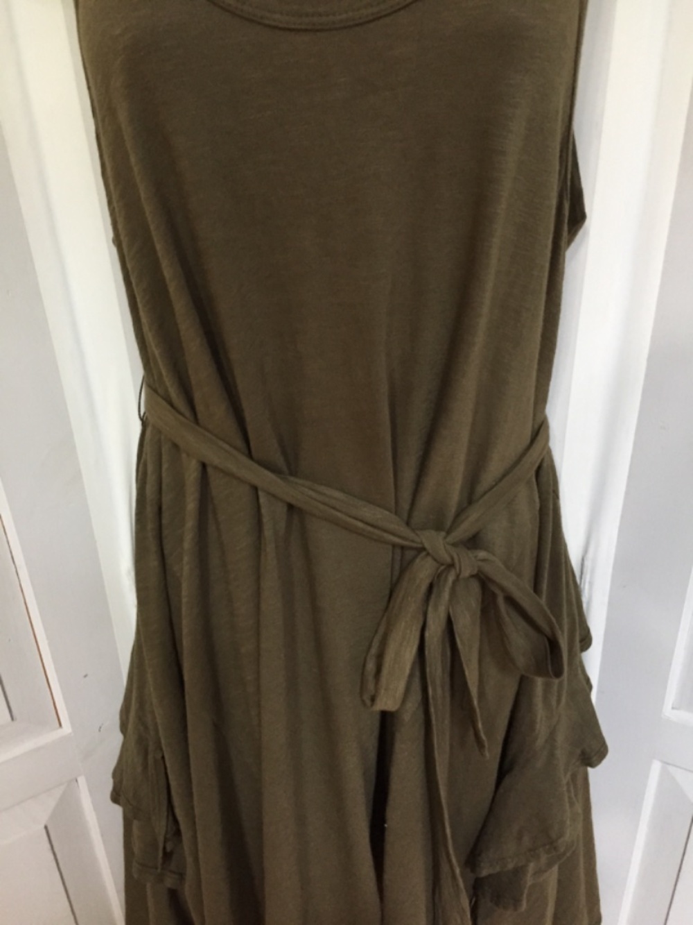 Wilt Olive Green Sleeveless Tank Dress w/ Tie Waist & Back Ruffle - Picture 3 of 15